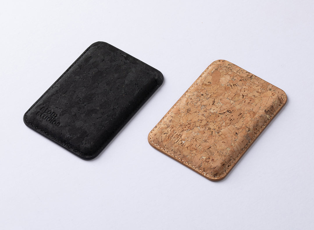 Sustainable cork card wallet. iPhone MagSafe compatible. Smart stylish wallet made from eco vegan cork. Planet friendly materials for tech. Natural plant-based material.