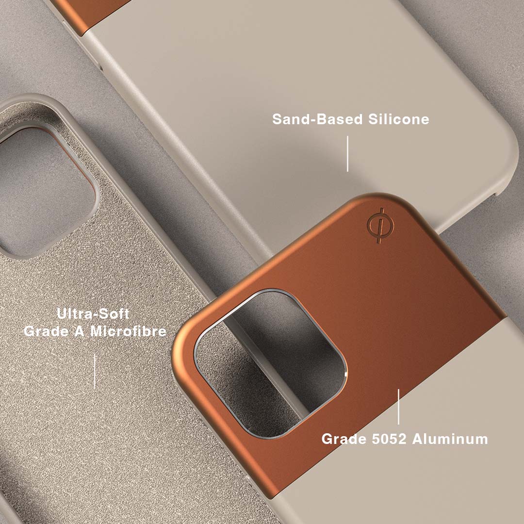 Soft Touch Silicone and Aluminium iPhone 12 12 Pro Case Eco Slim Protection Atom Studios#colour_calcium-stone
