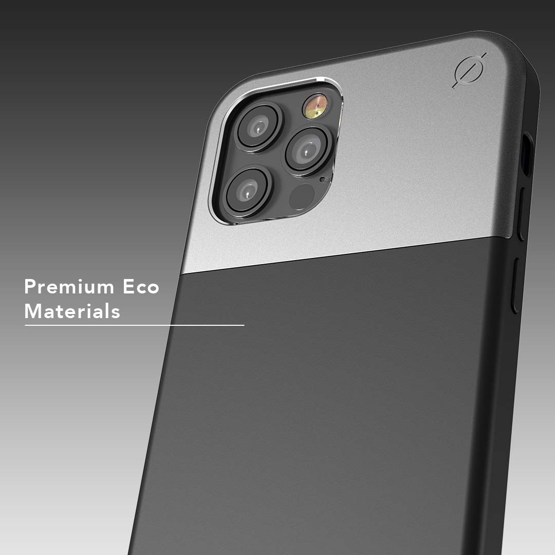 Soft Touch Silicone and Aluminium iPhone 12 12 Pro Case Eco Slim Protection Atom Studios#color_carbon-black