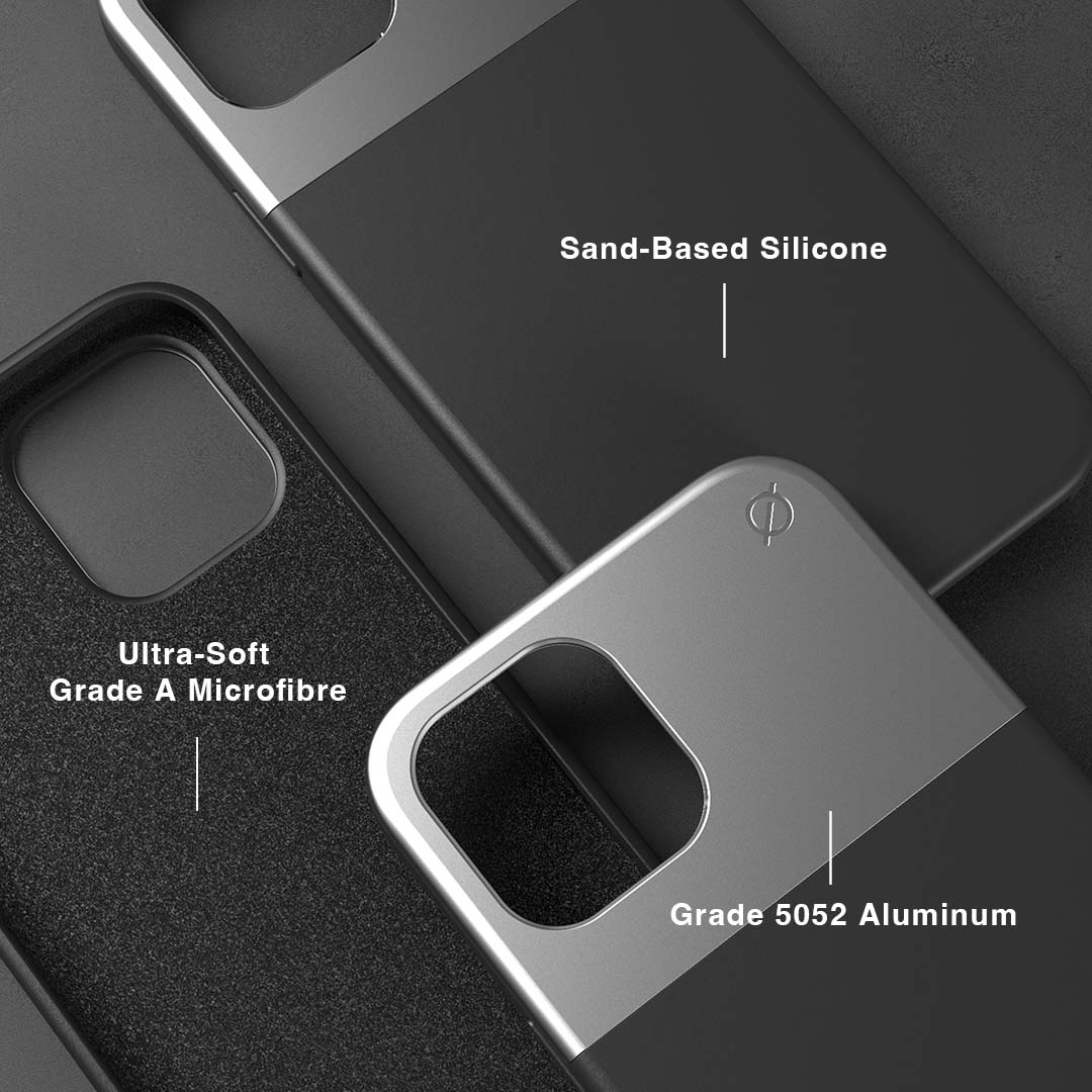 Soft Touch Silicone and Aluminium iPhone 12 Pro Max Case Eco Slim Protection Atom Studios#color_carbon-black